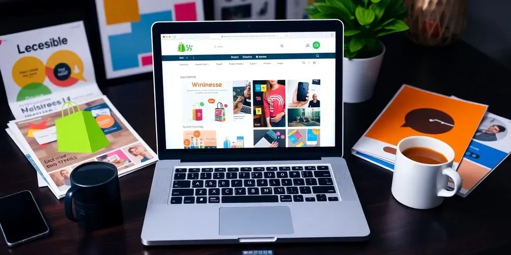 A laptop with a Shopify store and marketing materials.