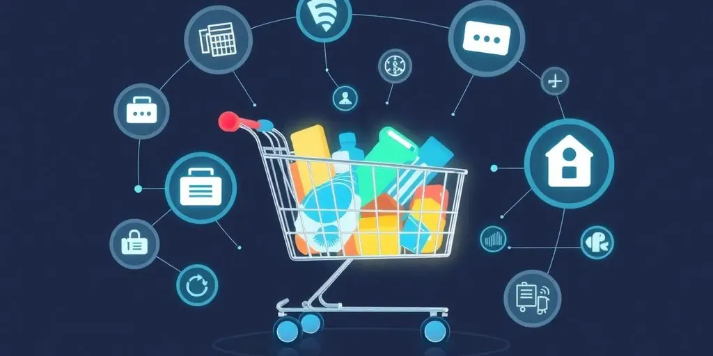 Digital shopping cart and payment icons in a futuristic setting.