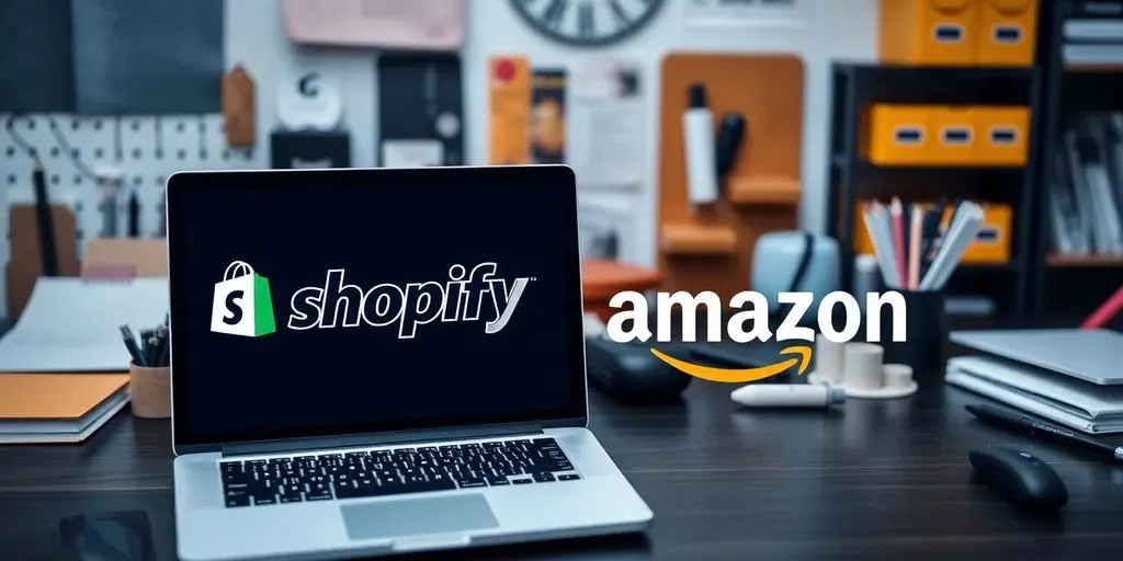 Workspace with Shopify and Amazon logos on laptop.