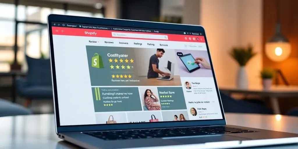 Laptop displaying customer reviews for Shopify store.