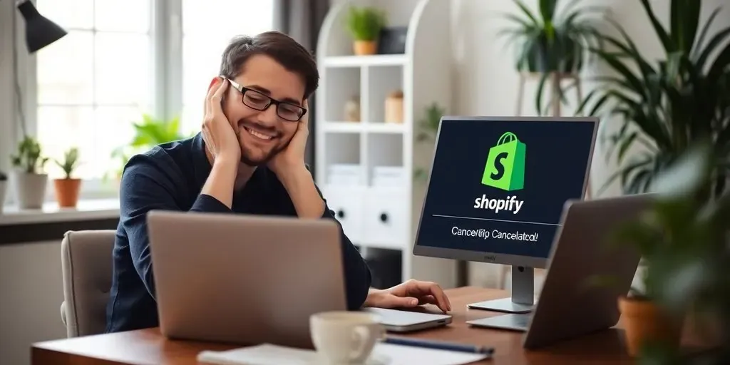 Person relieved after canceling Shopify membership at desk.
