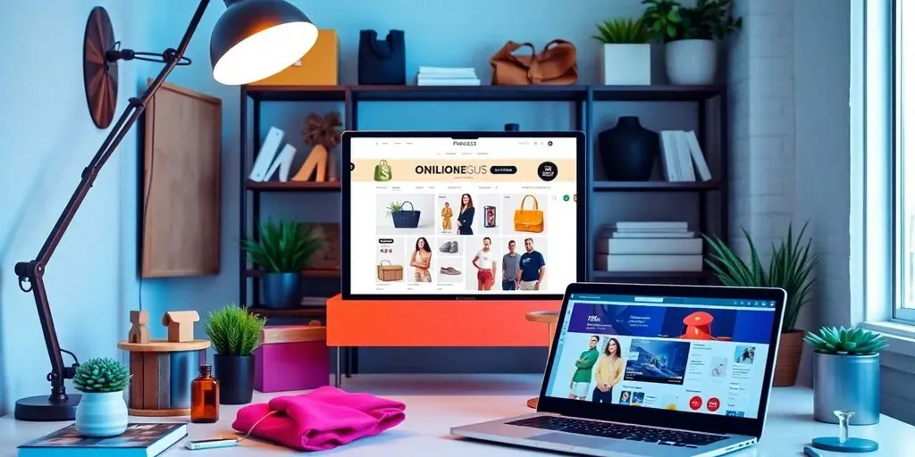 Modern workspace with Shopify on a laptop and products.