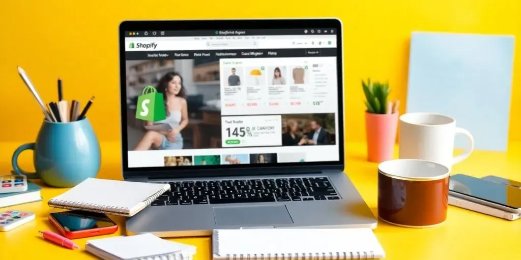 Laptop with Shopify interface and marketing tools on desk.