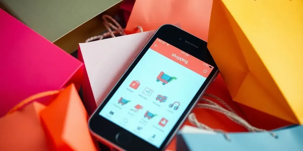 Shopping app interface on a smartphone with shopping bags.