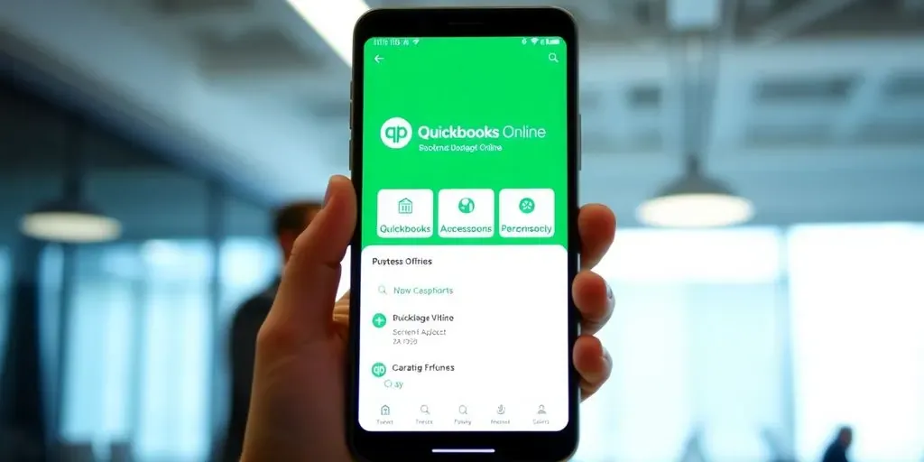 Mobile phone showing QuickBooks app in an office setting.