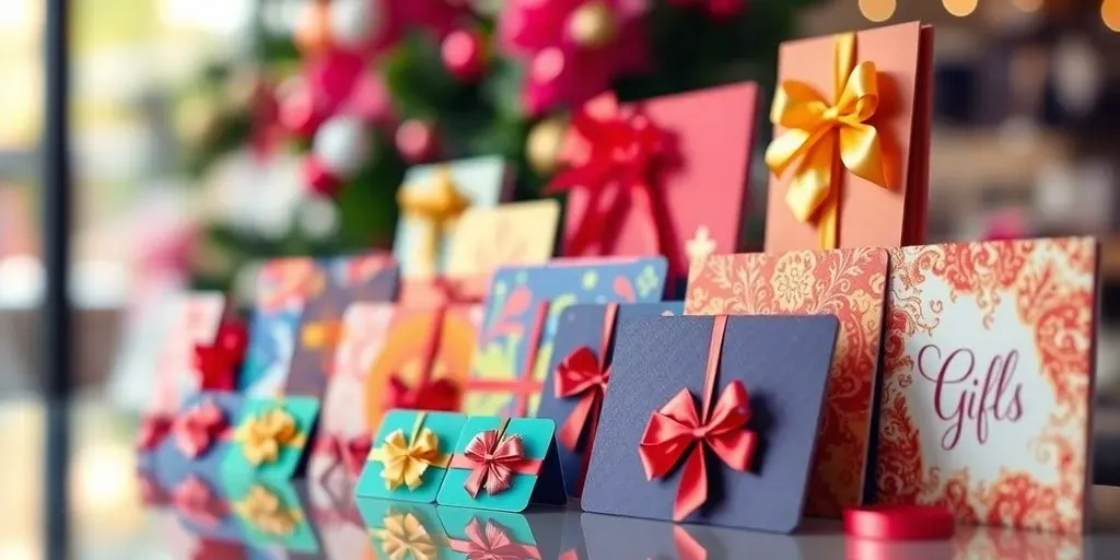 Colorful gift cards arranged elegantly on a blurred background.