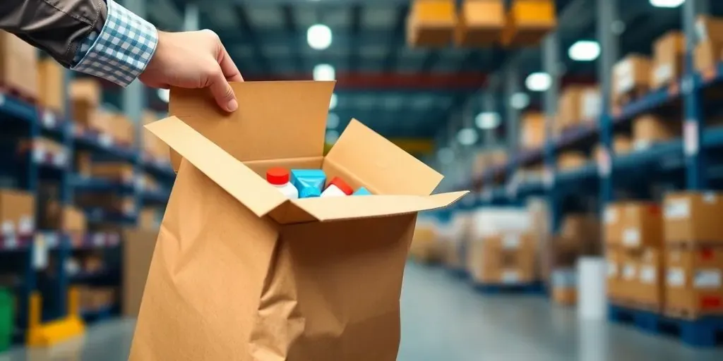 Package being opened with products inside, fast shipping concept.