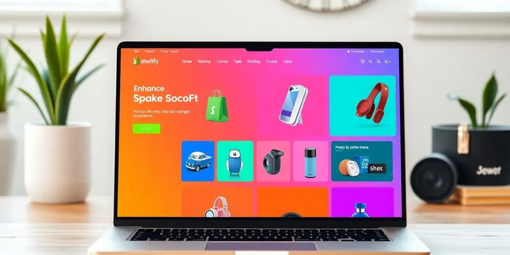 A laptop displaying a colorful Shopify theme interface.