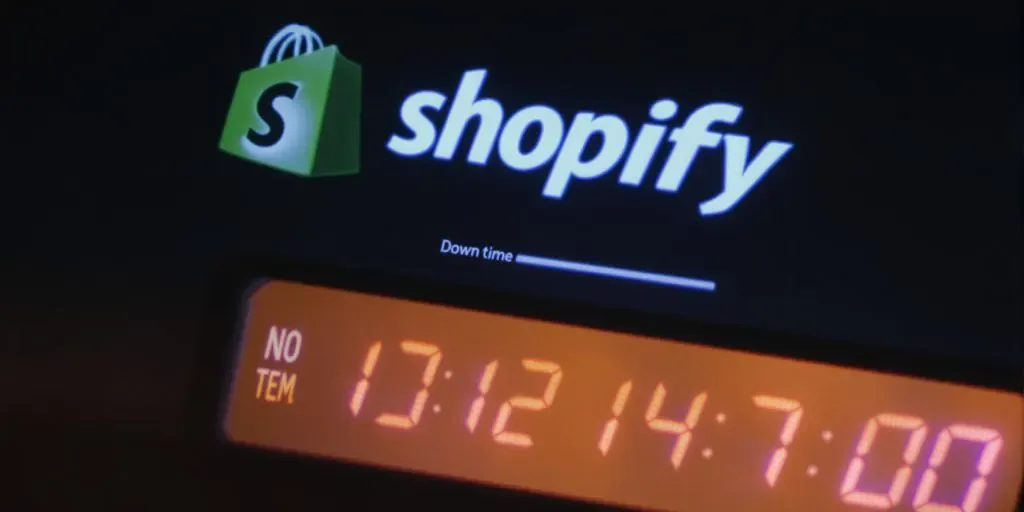 Shopify logo with loading symbol on a dark screen.
