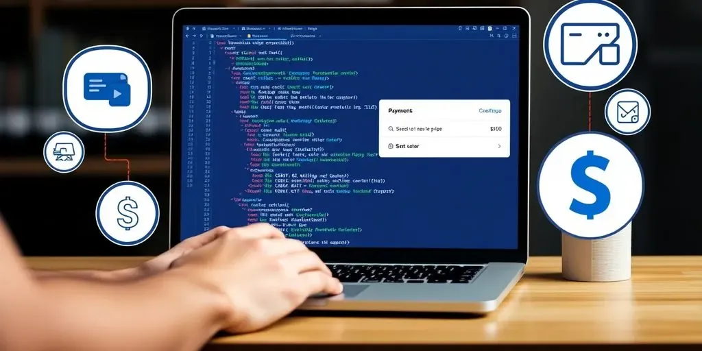 Developer coding Stripe Checkout integration on a laptop.