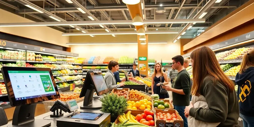 Modern grocery store checkout with advanced POS technology.