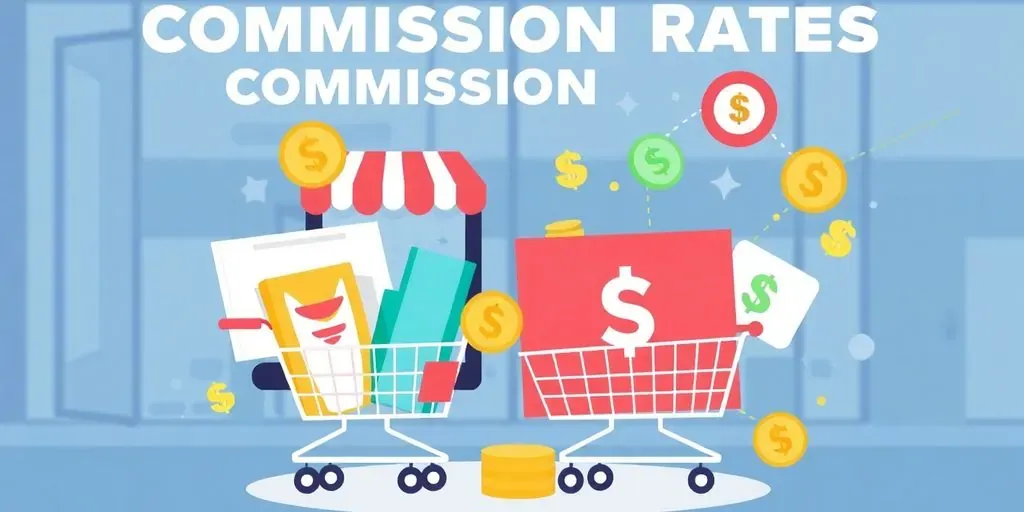 Colorful e-commerce elements illustrating commission rates.