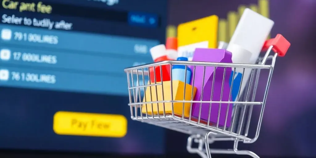 Shopping cart with products and digital payment background.