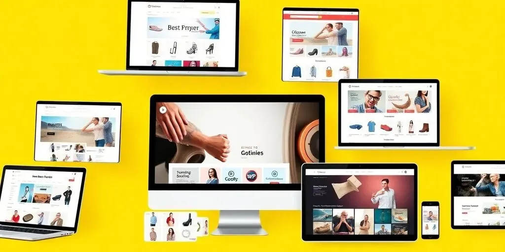 Collage of colorful e-commerce store layouts on devices.