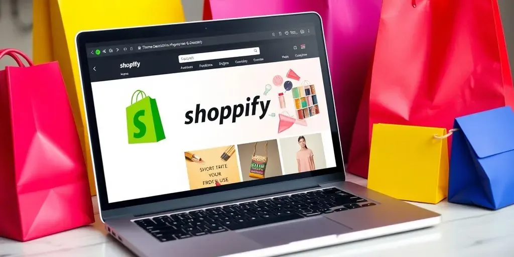 Laptop showcasing a Shopify store design with shopping elements.