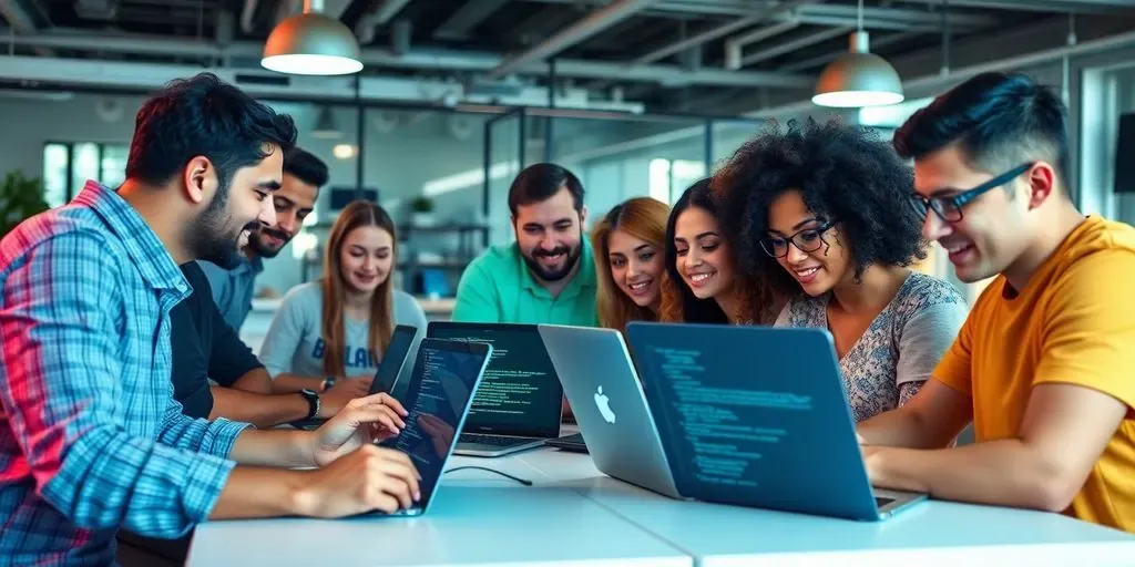 Group of app developers working together in a modern office.