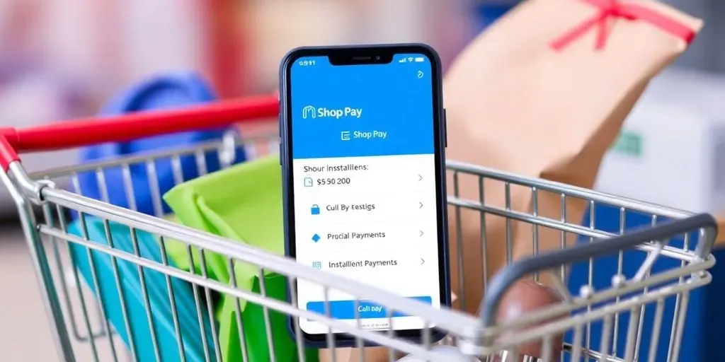 Shopping cart with products and smartphone showing payment interface.