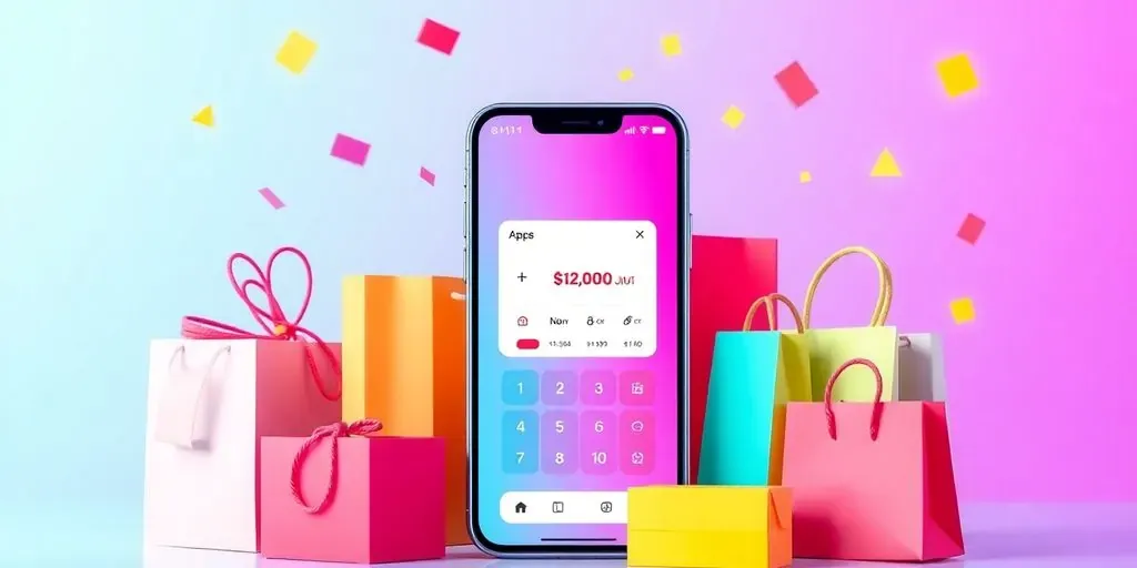 Smartphone with preorder app and colorful shopping elements.