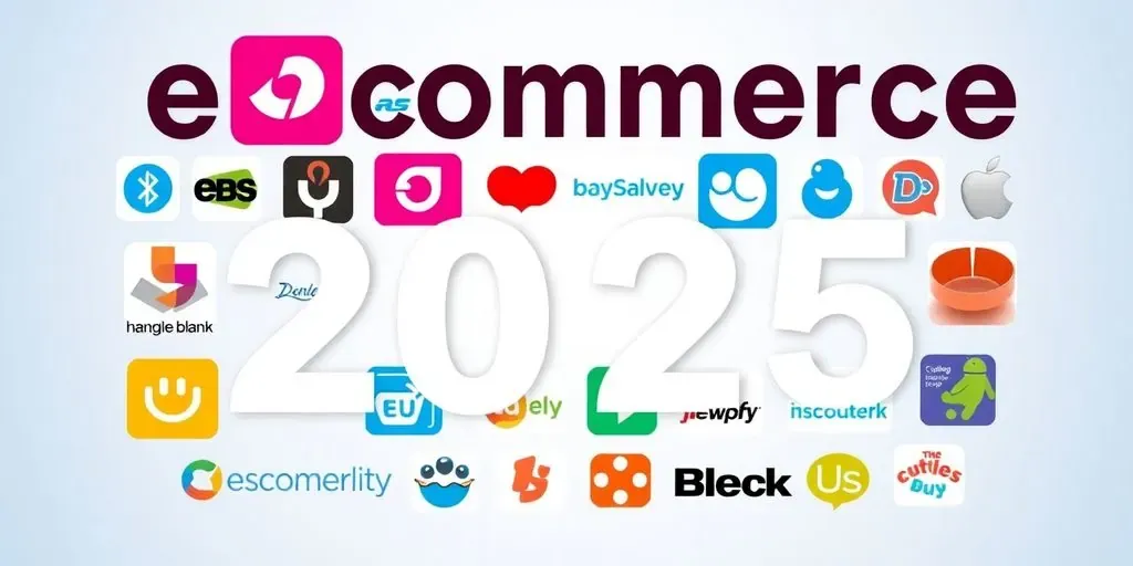 Colorful collage of ecommerce app logos on gradient background.