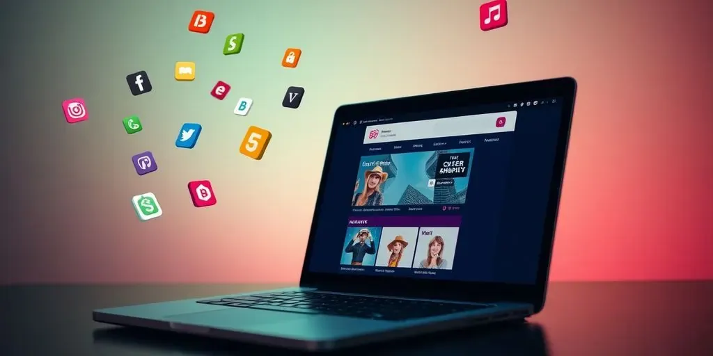 Laptop with online store and app icons around it.
