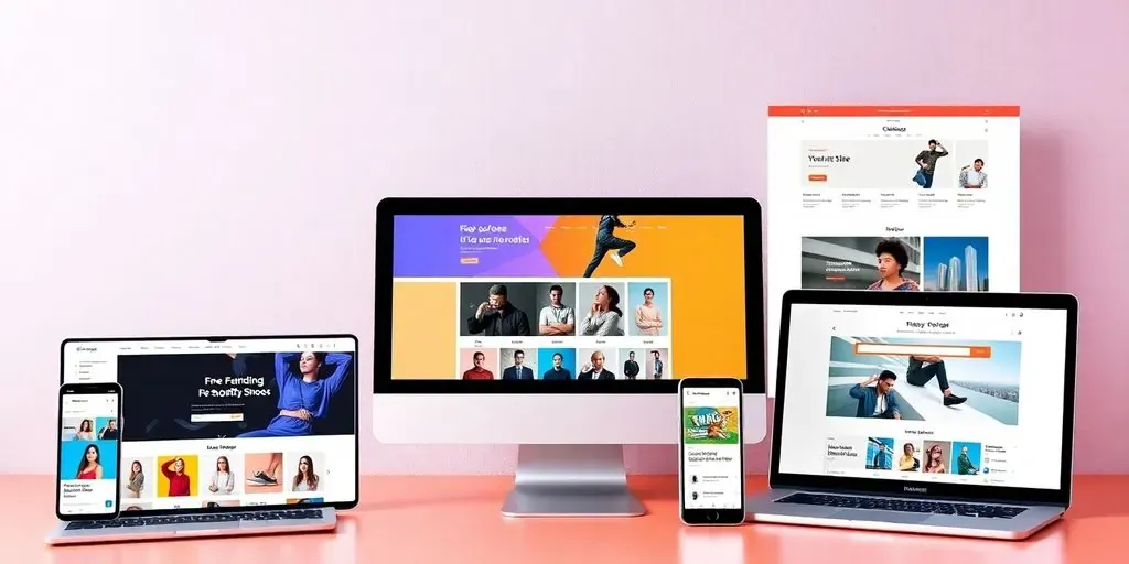 Colorful Shopify themes displayed on digital devices.