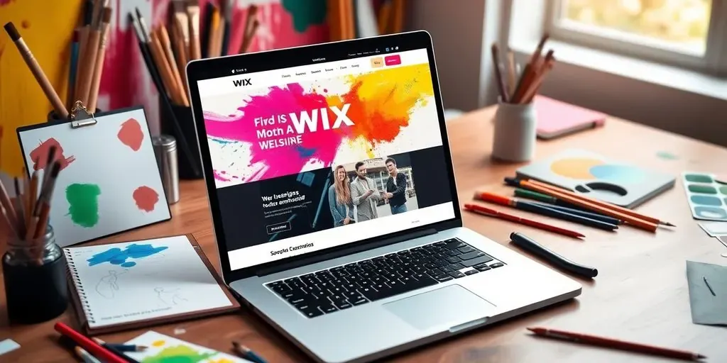 A laptop with a colorful website design on a desk.