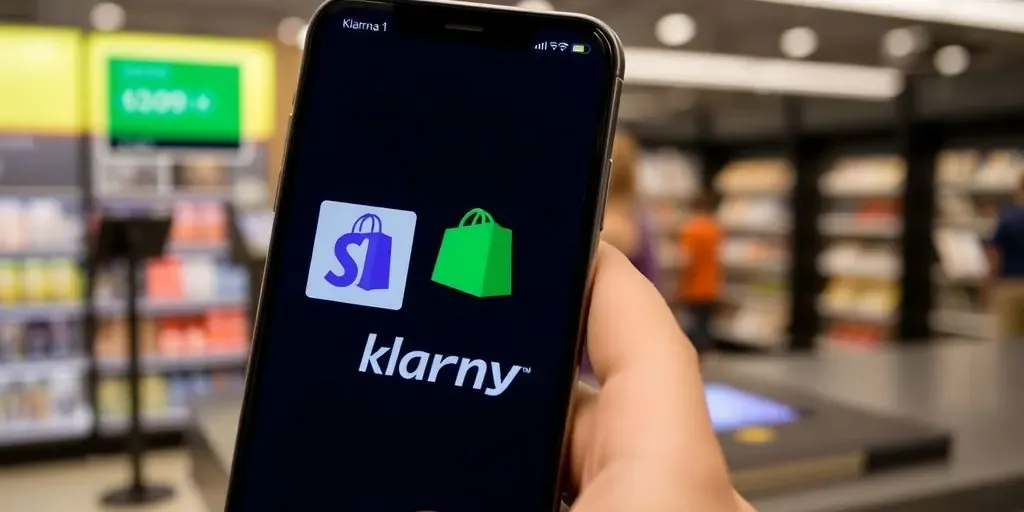 Hand holding smartphone with Klarna app and Shopify logo.