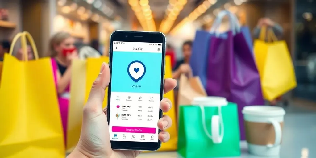 Smartphone with loyalty app among shopping bags and cups.