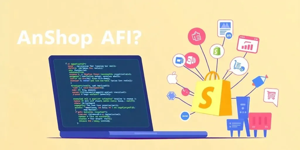 Laptop with code and Shopify logo illustration.