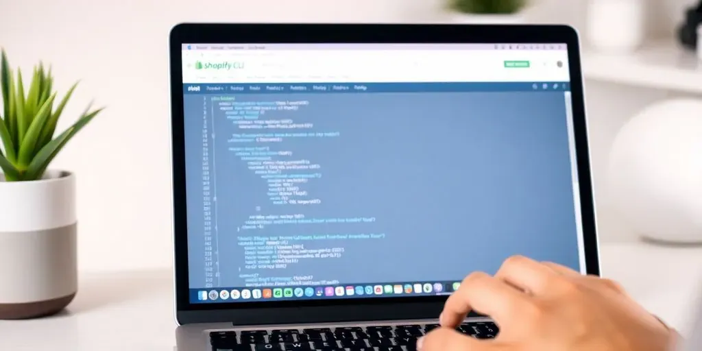 Laptop with Shopify CLI interface and hands typing.