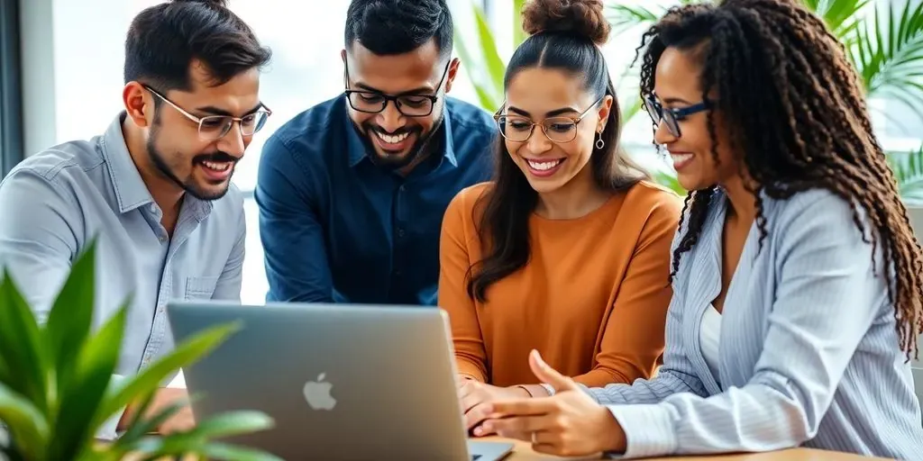 Diverse entrepreneurs collaborating over a laptop in a modern office.