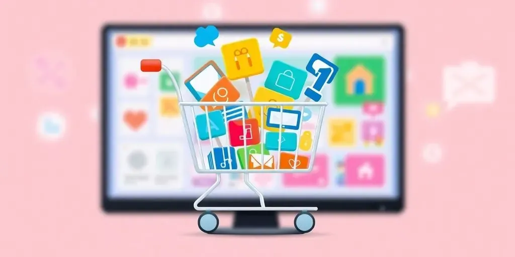Colorful digital shopping cart with product icons.