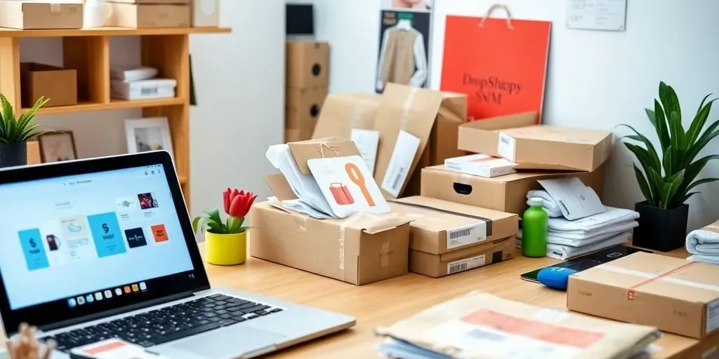 A workspace with a laptop and shipping materials.