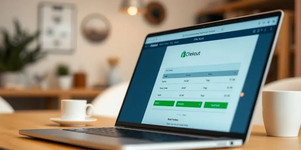 Laptop with Shopify checkout page in a cozy workspace.