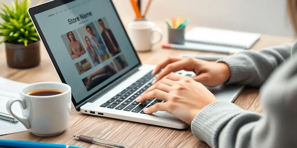 Person typing on a laptop in a cozy workspace.