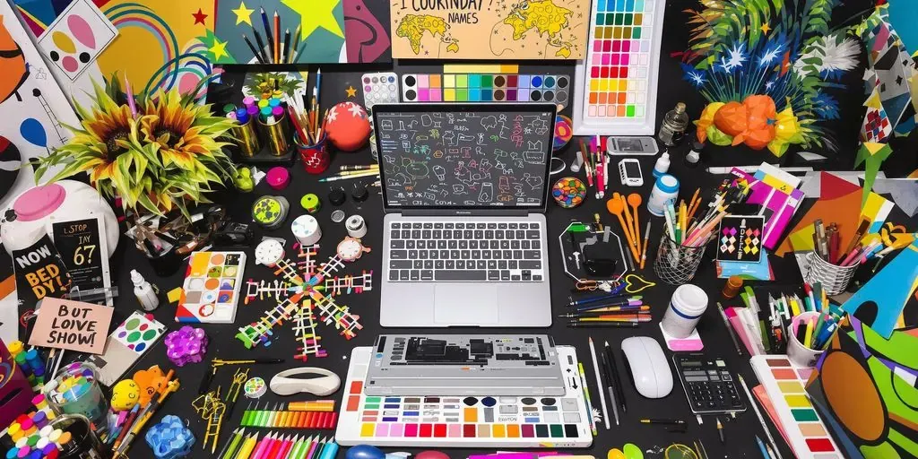 Creative workspace with art supplies and a laptop.