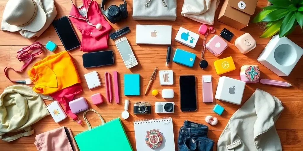 Variety of products for dropshipping on a wooden table.