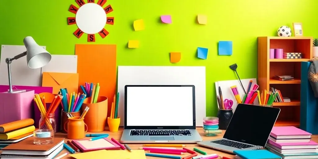 Creative workspace with colorful stationery and a laptop.