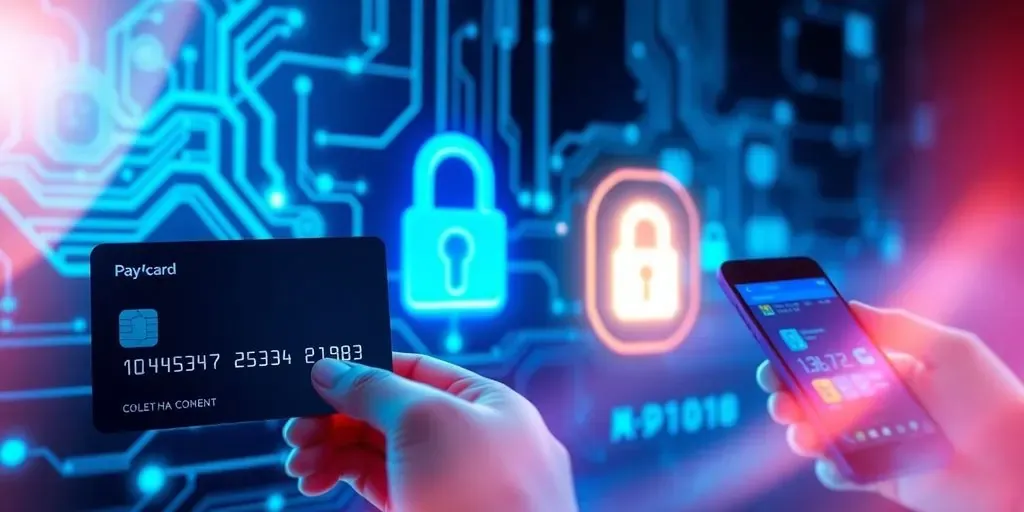 Futuristic digital scene with credit cards, lock icons, blue circuits.