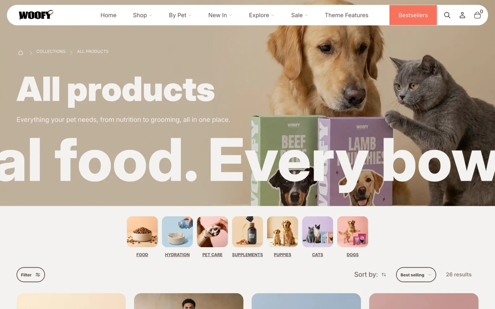 Woofy collection page on desktop: a large banner, category shortcuts and a product grid with filter and sort