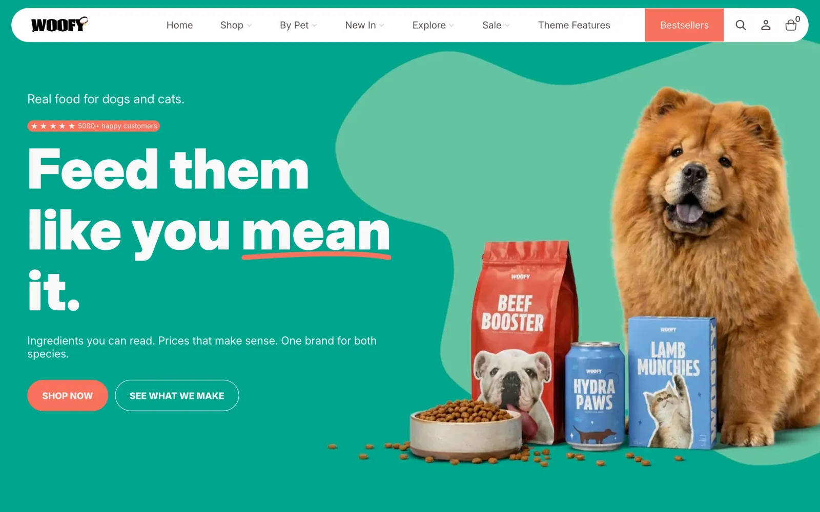 Página de inicio de Woofy, una tienda demo de comida para mascotas creada con Universe theme by Developpy